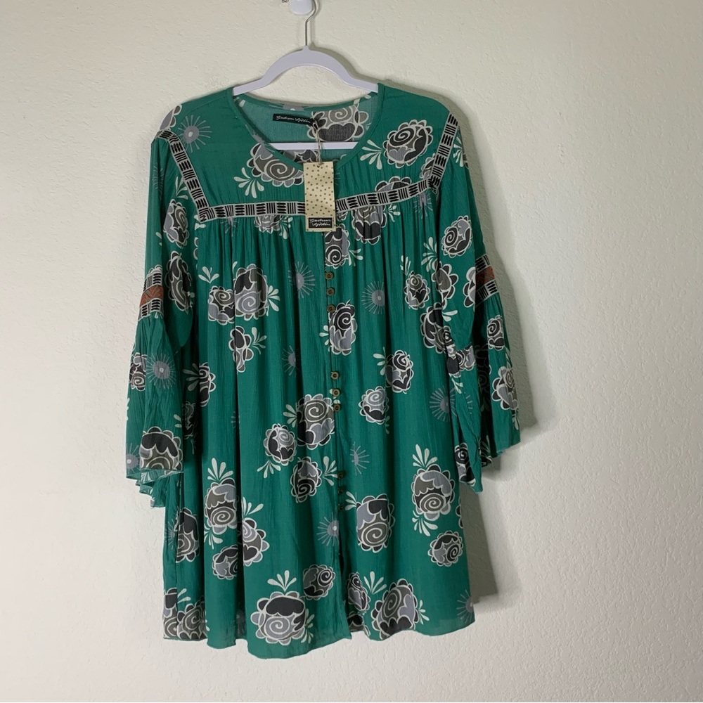 Gudrun Sjoden Womens green floral Maya LS blouse M NEW